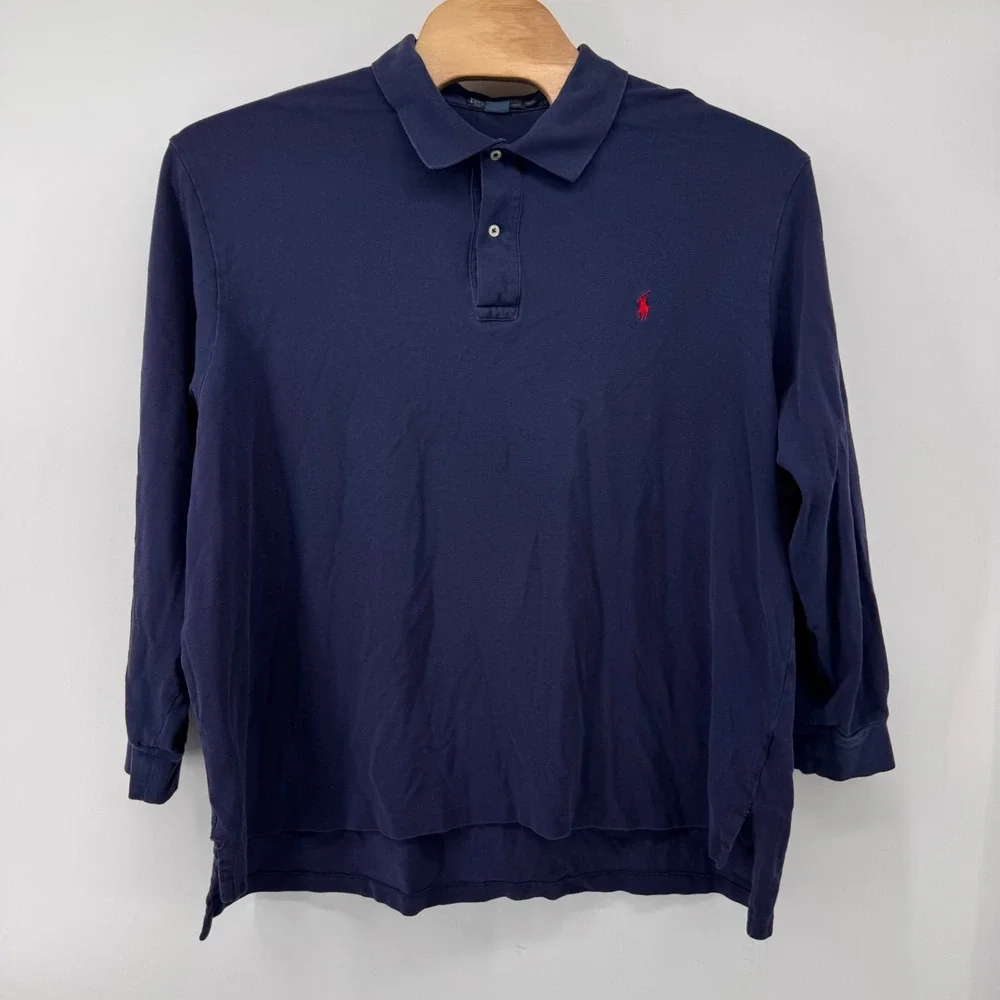Polo Ralph Lauren Polo Shirt Men 3XB Navy Blue Long Sleeve Pique Cotton Big Tall